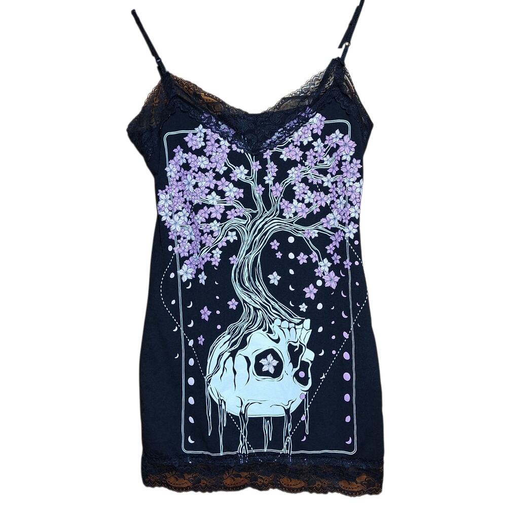 Bodyrage goth upside down skull tree graphic print lace trim cami tanktop floral